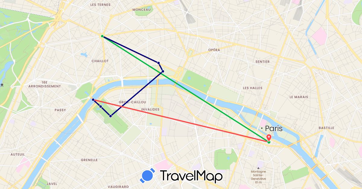 TravelMap itinerary: driving, bus, hiking in France (Europe)